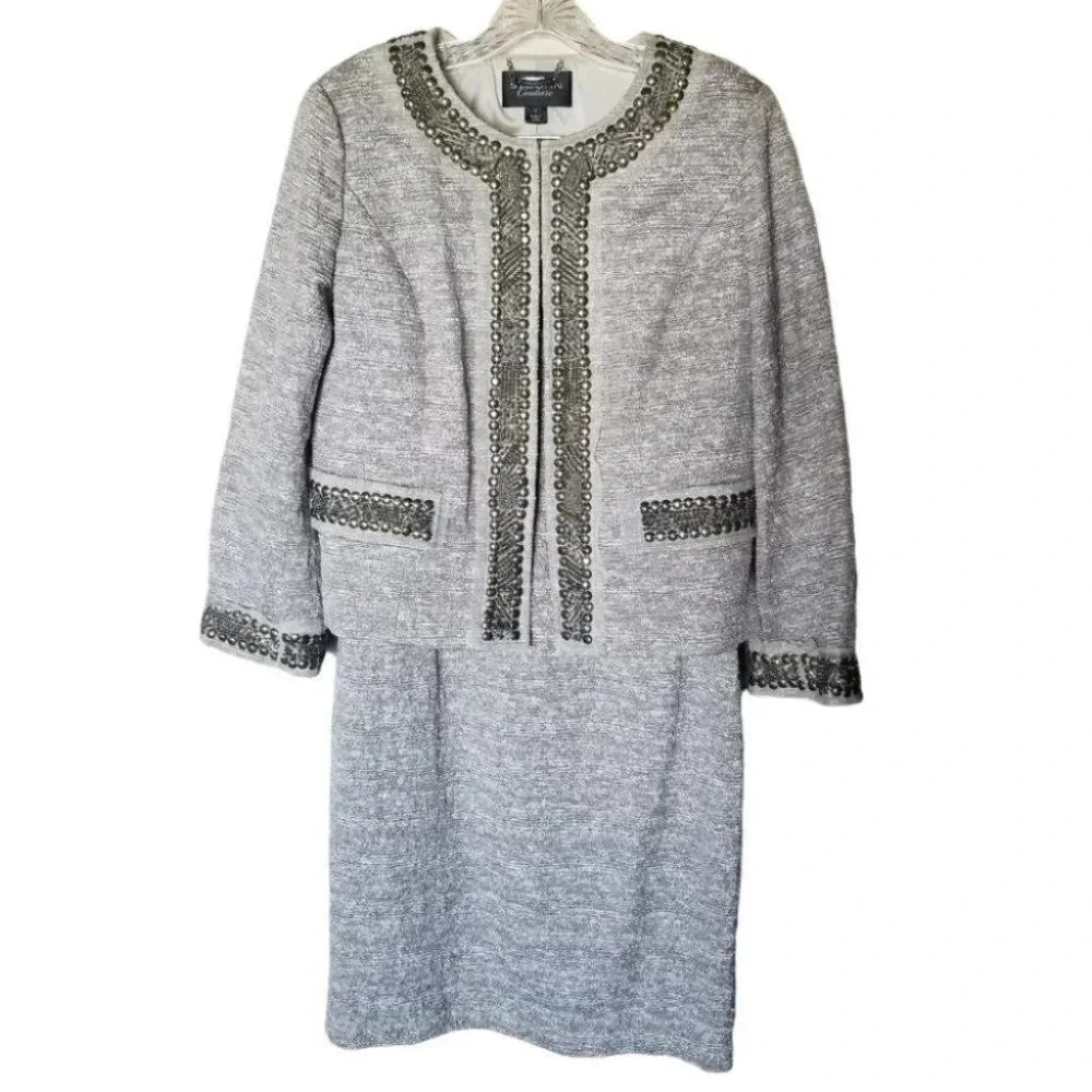 St. John Couture 8 Blazer Dress Set Embellished Metallic Grey Silver
